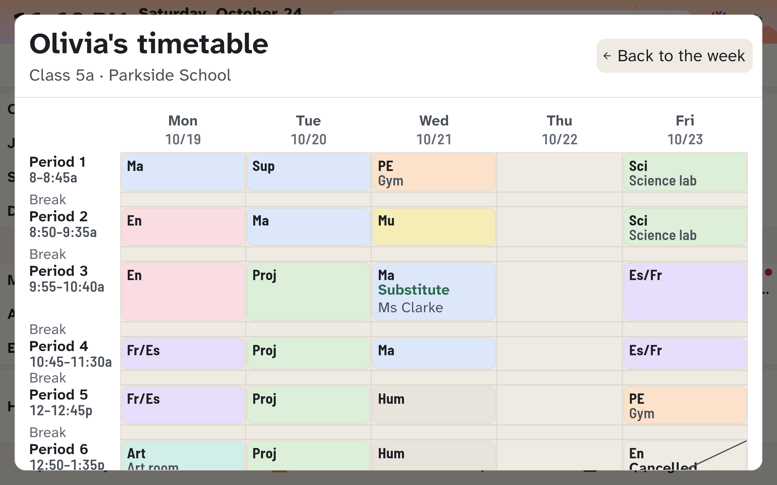 Wall display: a child's timetable for the week