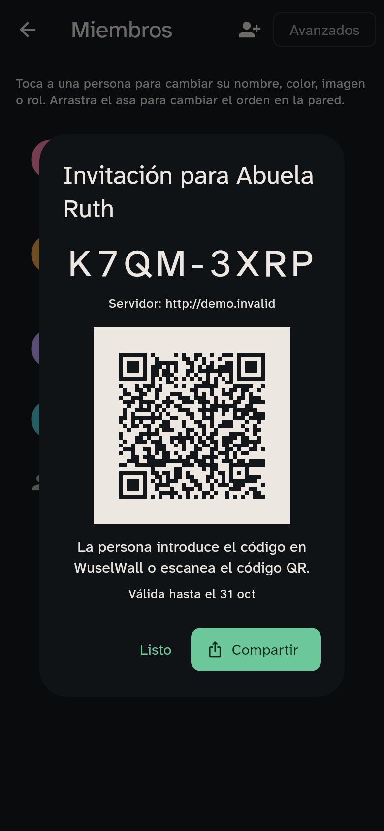 La invitación de Abuela Ruth con QR y opción de compartir