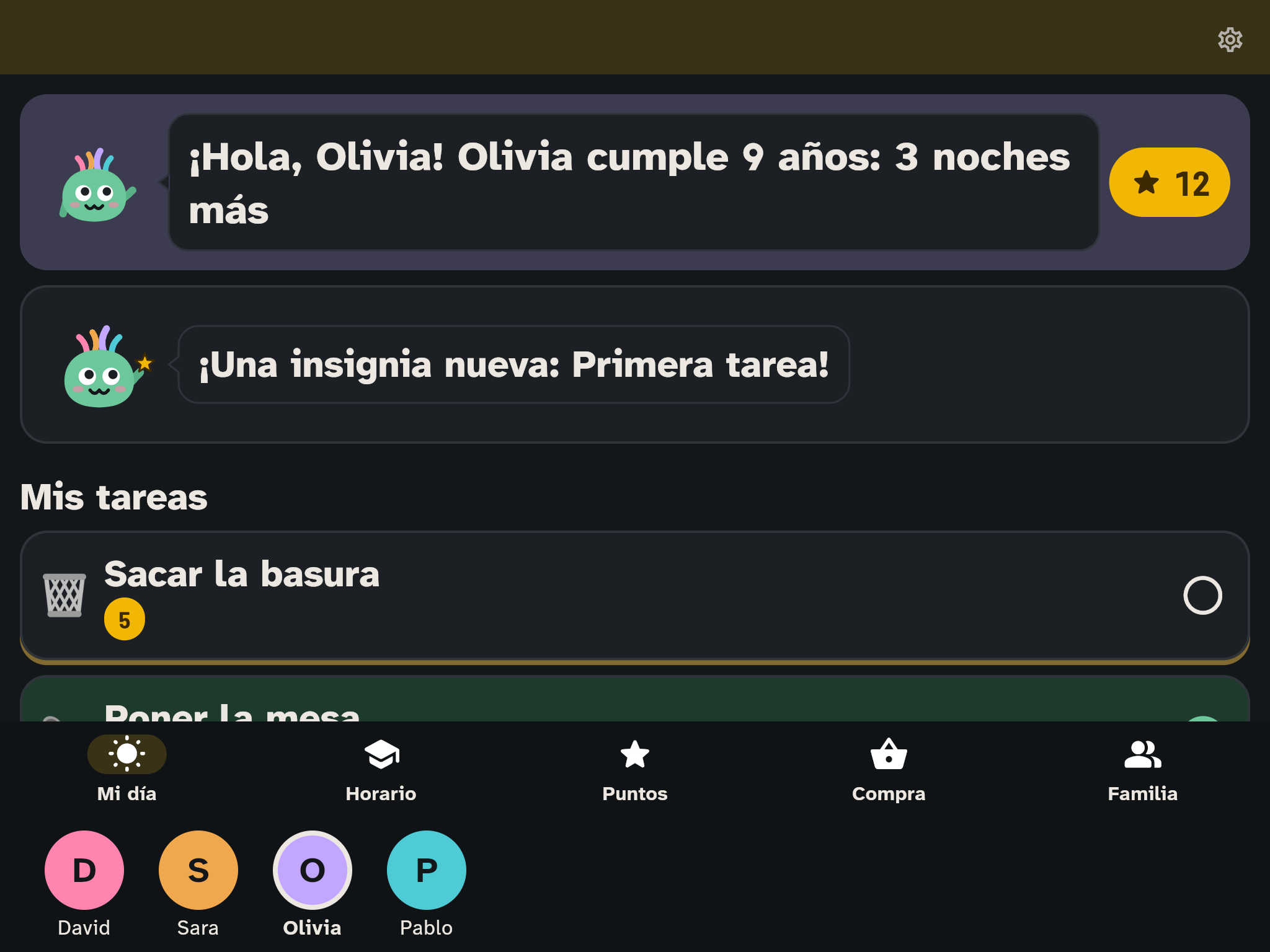 Mi día en la tableta infantil: Wusel saluda a Olivia y debajo están sus tareas