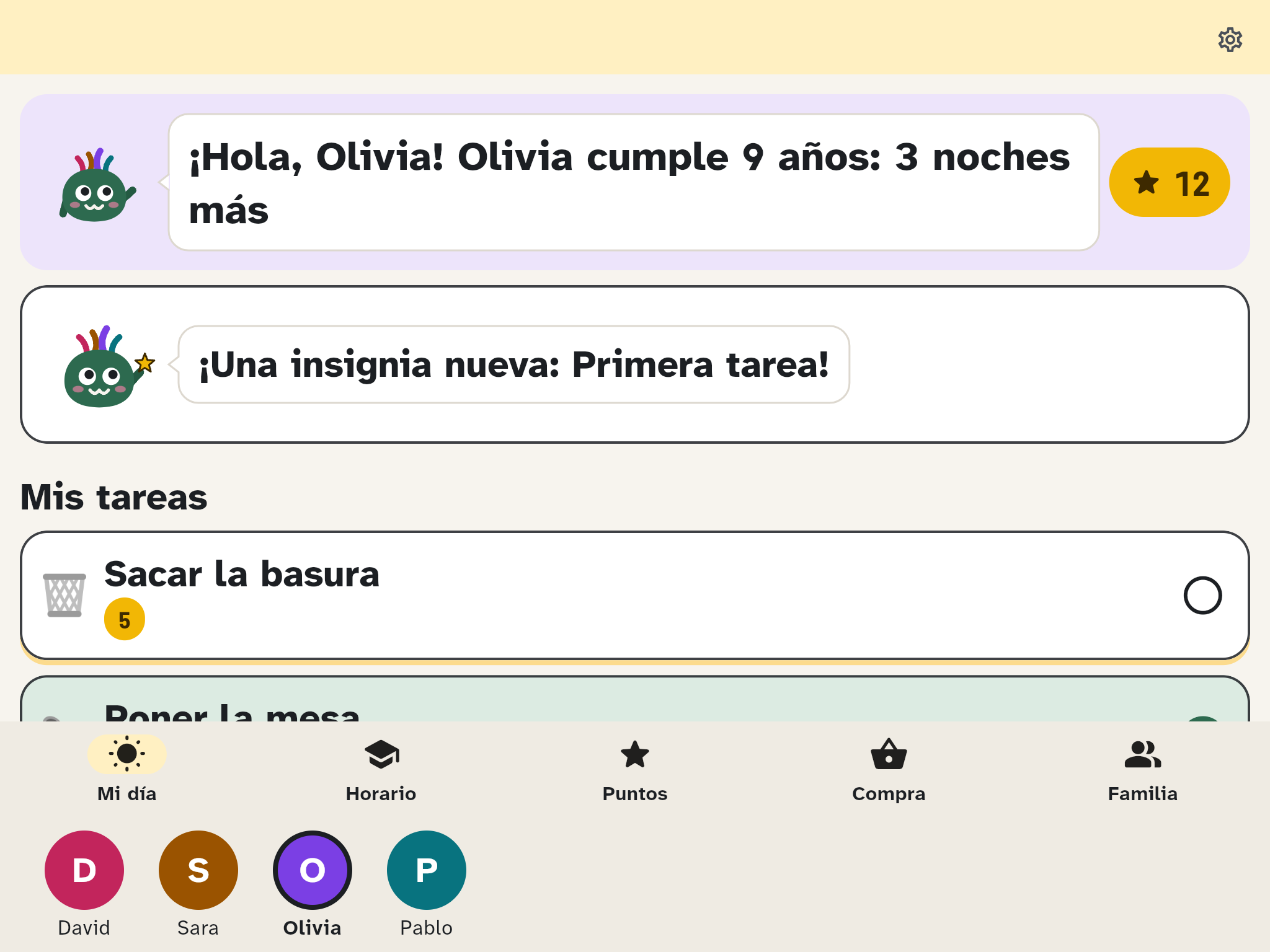 Mi día en la tableta infantil: Wusel saluda a Olivia y debajo están sus tareas