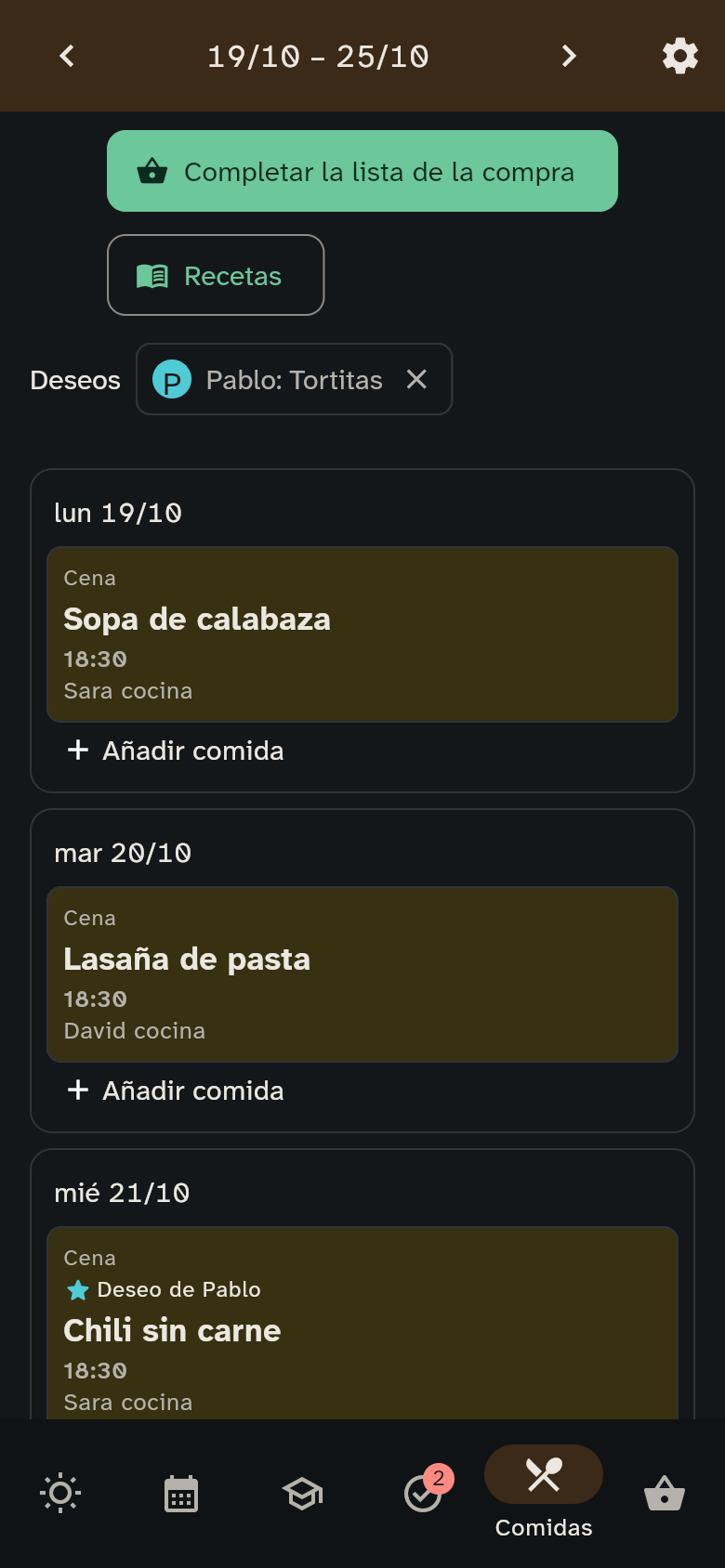 El menú en el móvil con el deseo Pablo: Tortitas encima de la semana