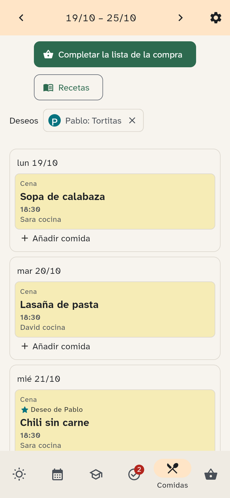 El menú en el móvil con el deseo Pablo: Tortitas encima de la semana