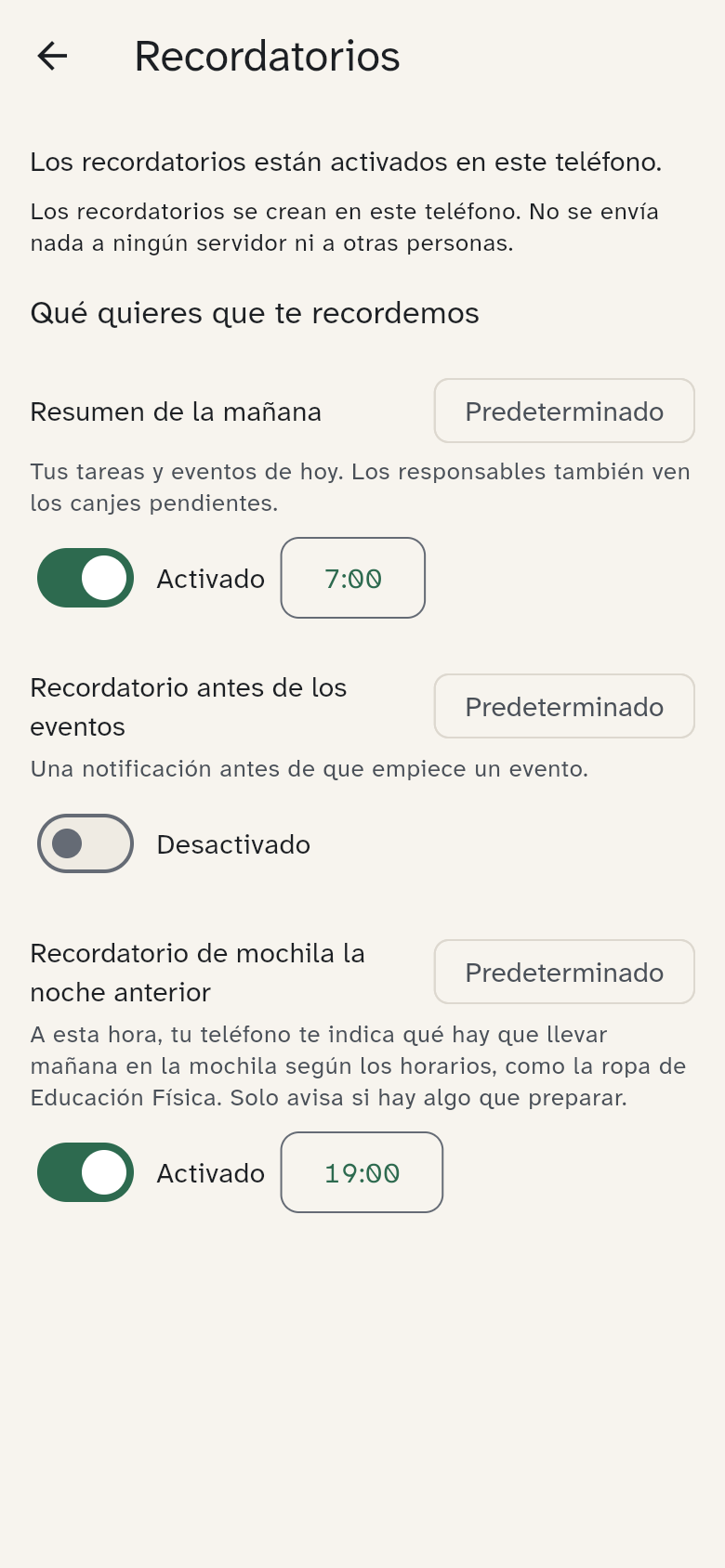 Los ajustes de recordatorios