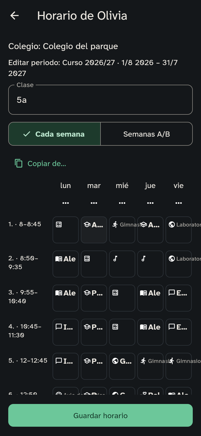 El editor con colegio, periodo y botón Guardar visible