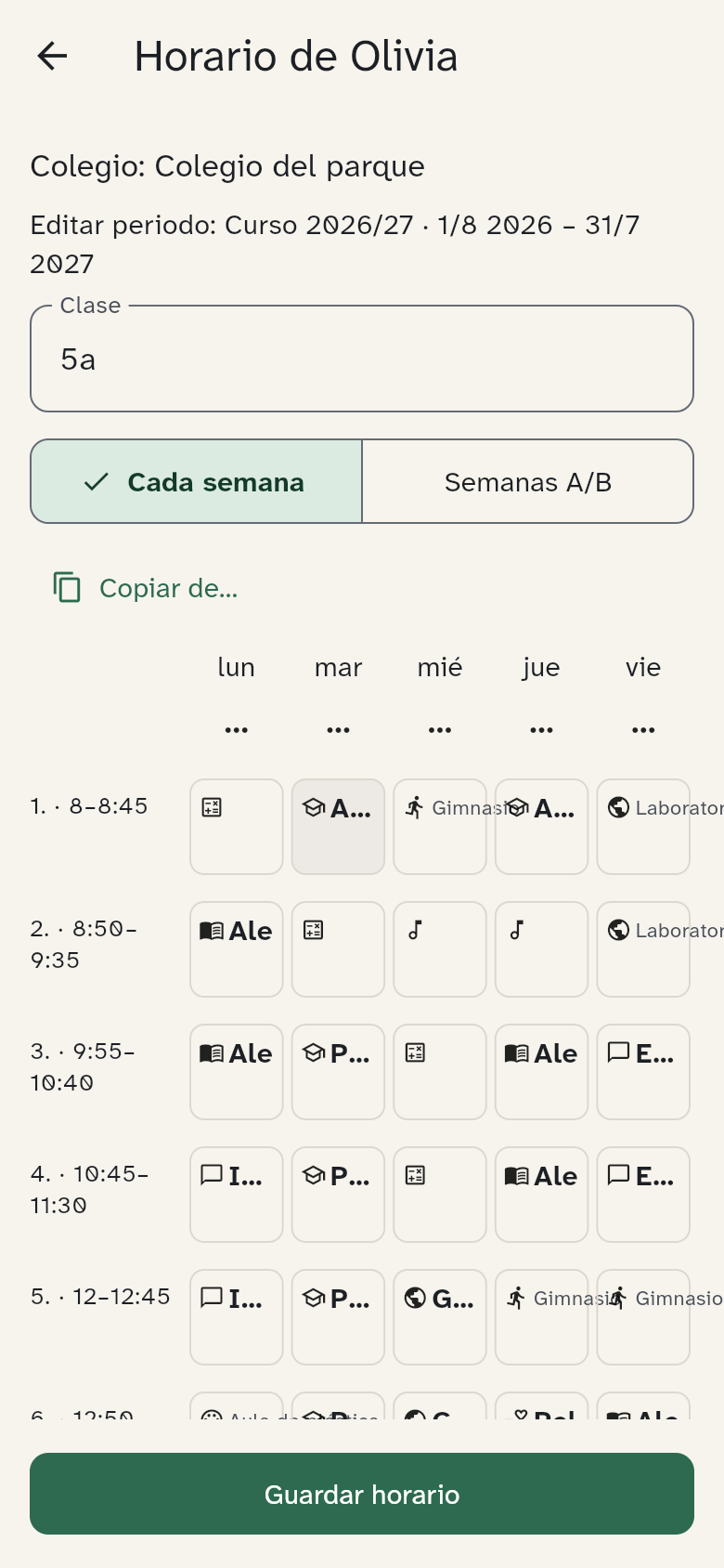 El editor con colegio, periodo y botón Guardar visible