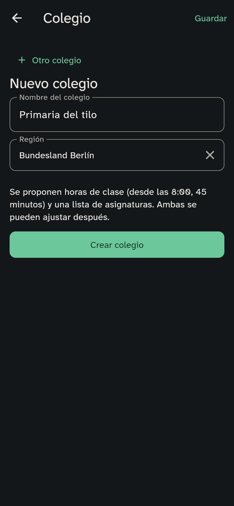 El primer colegio: solo nombre y región, con Crear colegio debajo