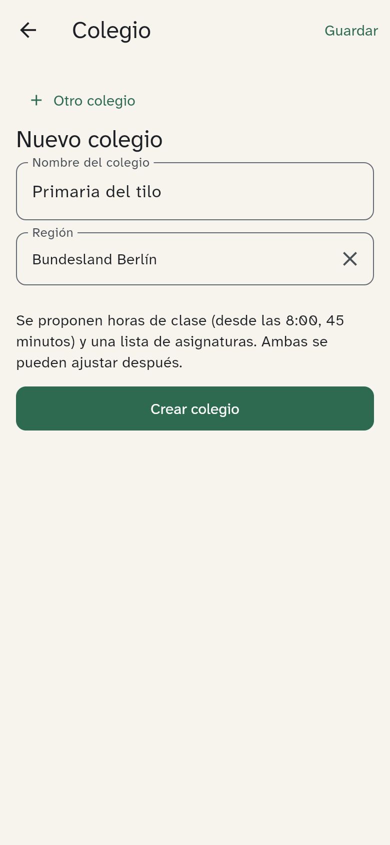 El primer colegio: solo nombre y región, con Crear colegio debajo