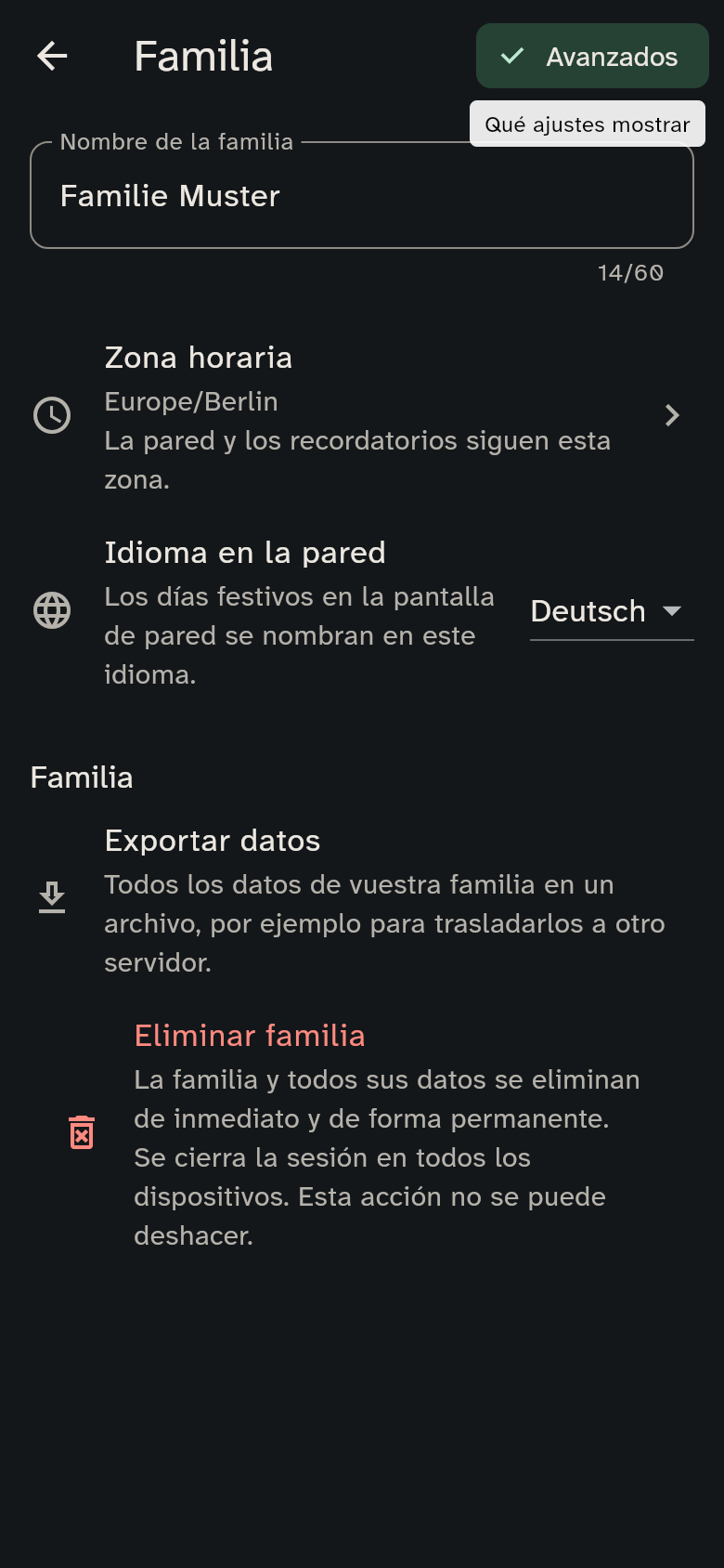 La página Familia con nombre, zona horaria, idioma en la pared y exportación