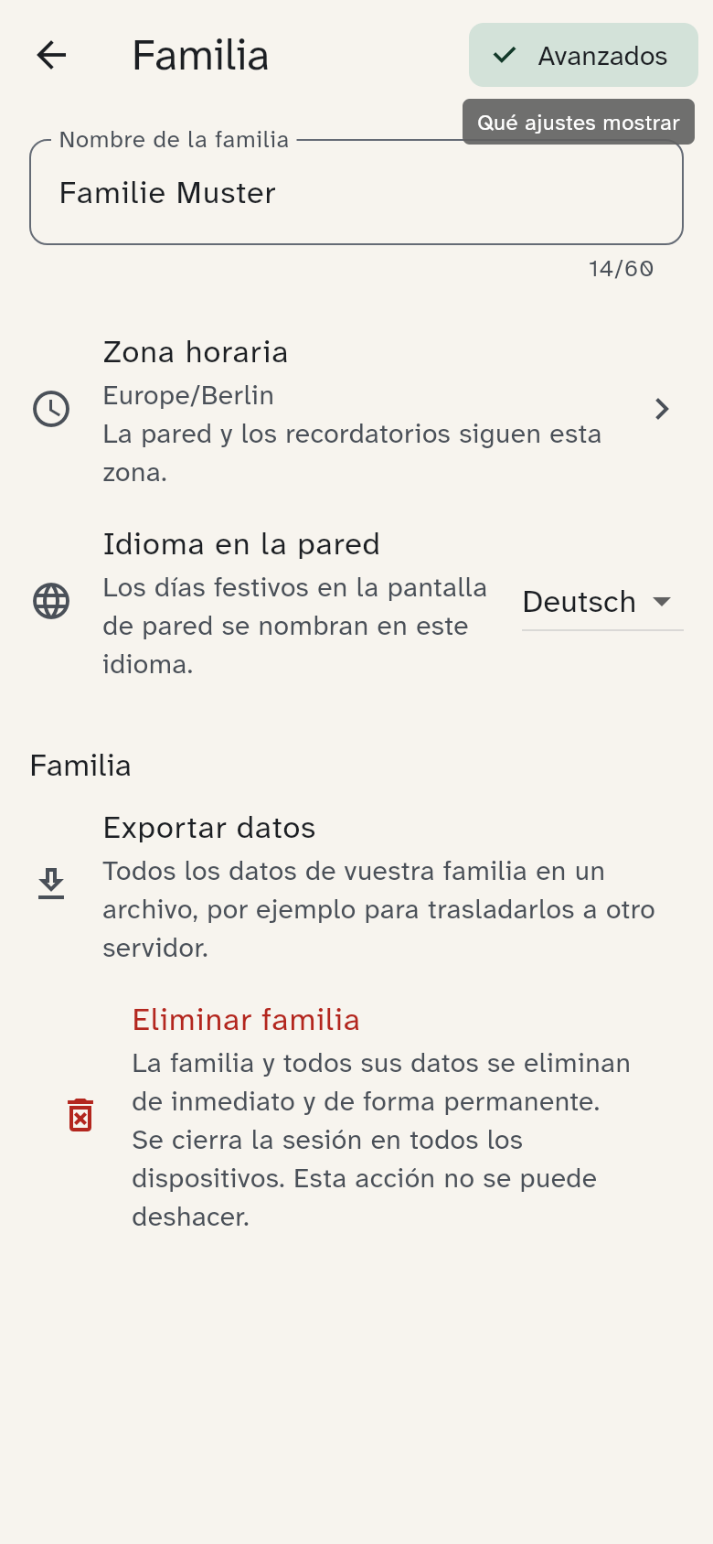 La página Familia con nombre, zona horaria, idioma en la pared y exportación