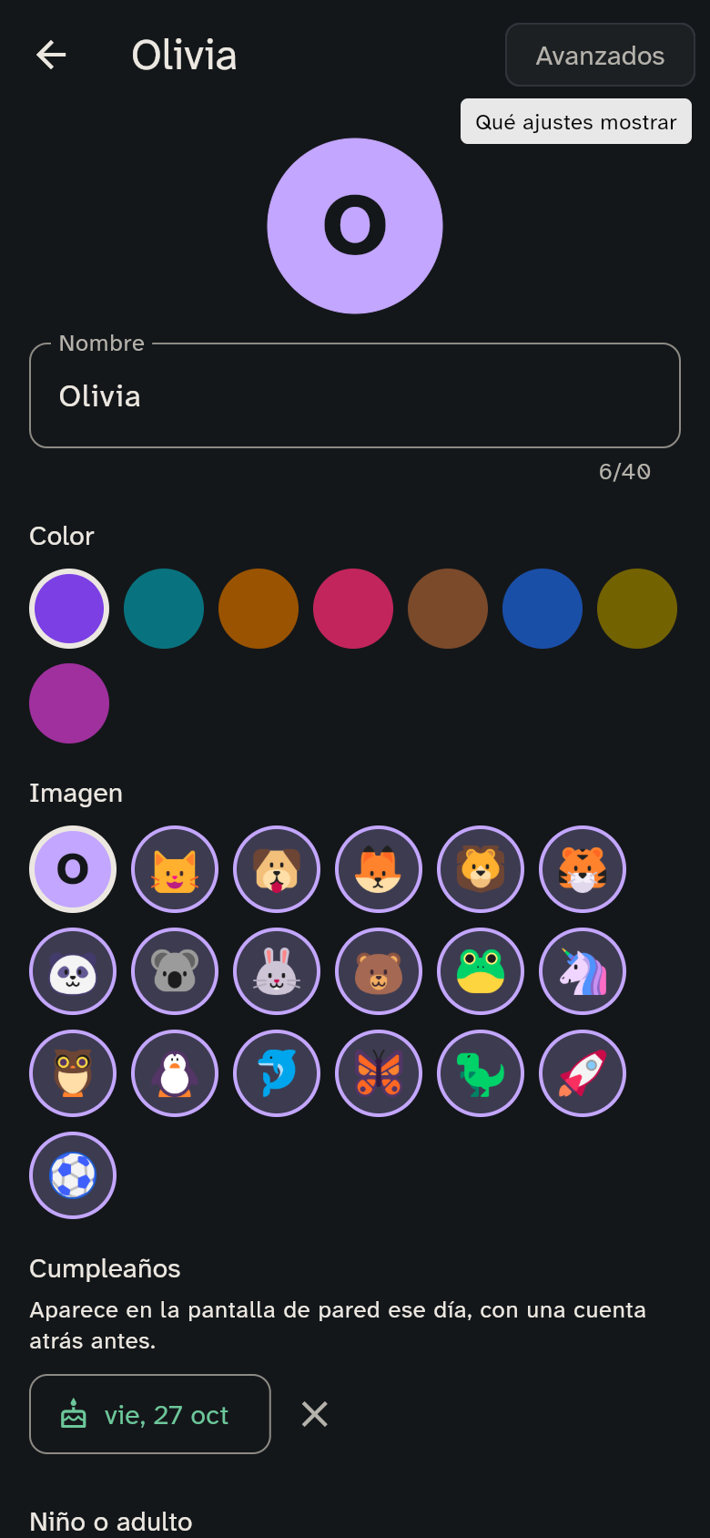 La página de un miembro con nombre, color, imagen y cumpleaños