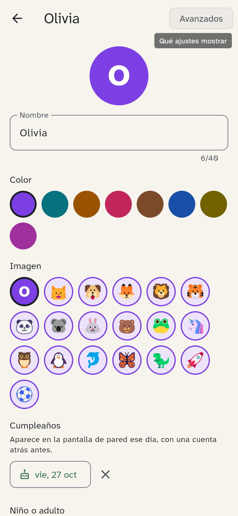 La página de un miembro con nombre, color, imagen y cumpleaños