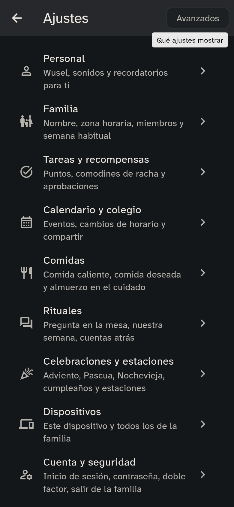 Ajustes: la lista de grupos, de Personal a Ayuda e información
