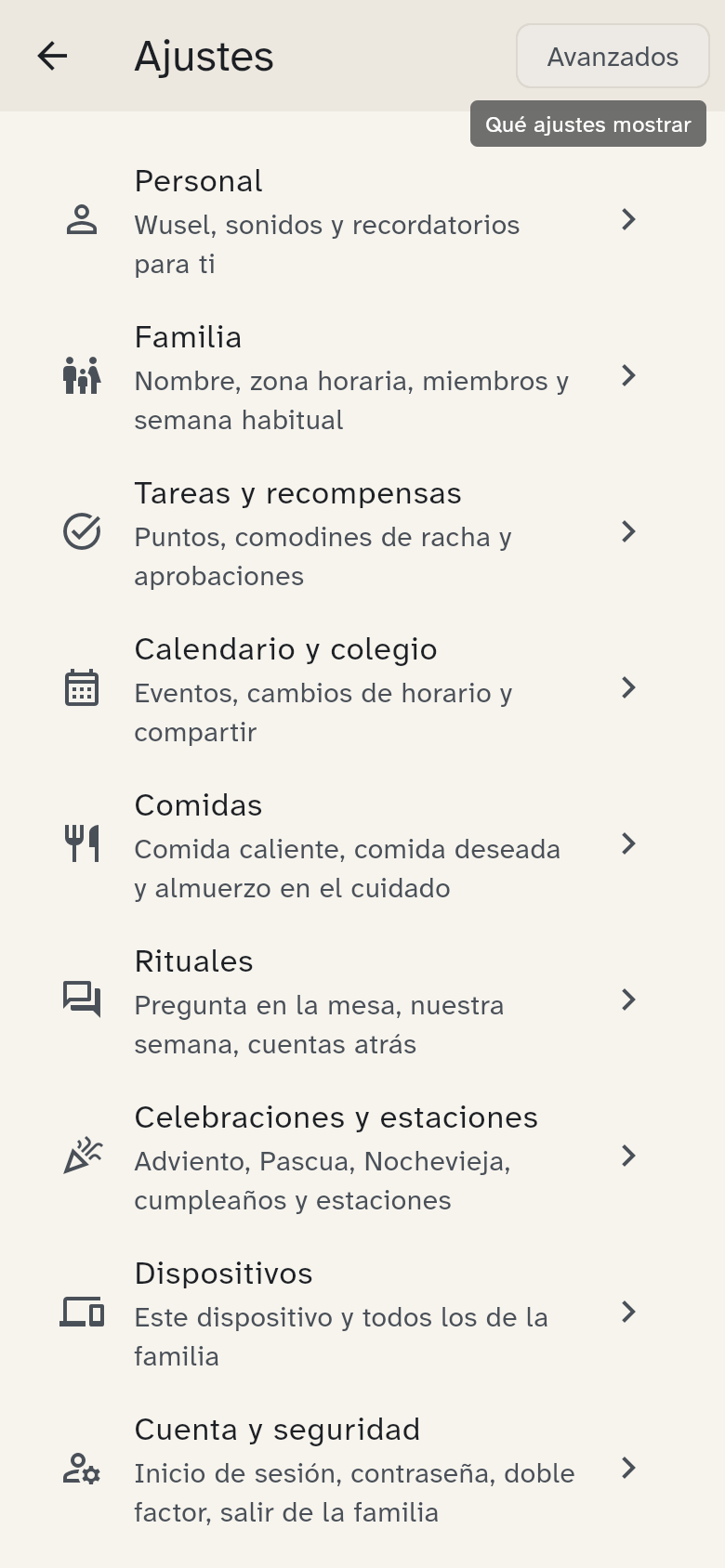 Ajustes: la lista de grupos, de Personal a Ayuda e información