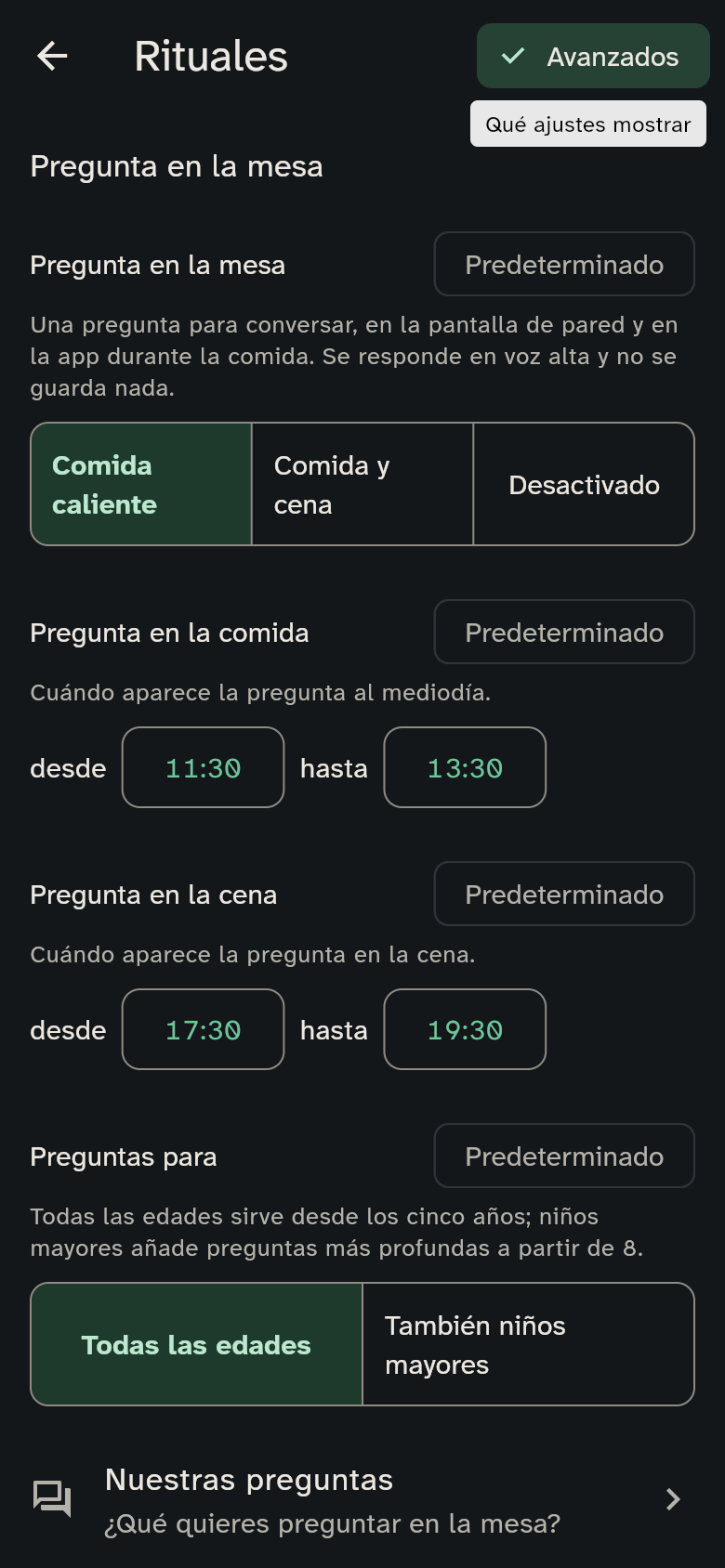El grupo Rituales en la vista Avanzados: la pregunta en la mesa con sus horas