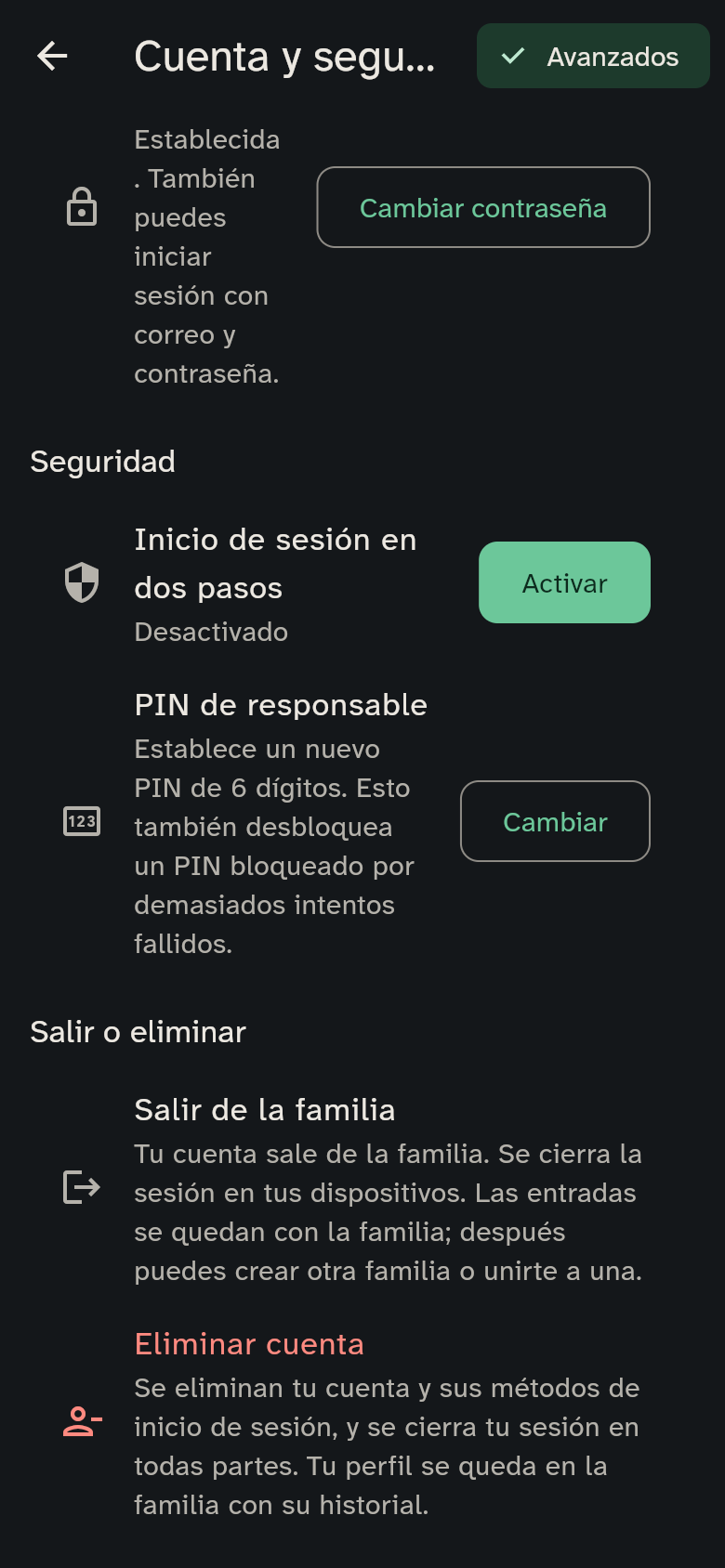 Los ajustes de inicio de sesión y contraseña