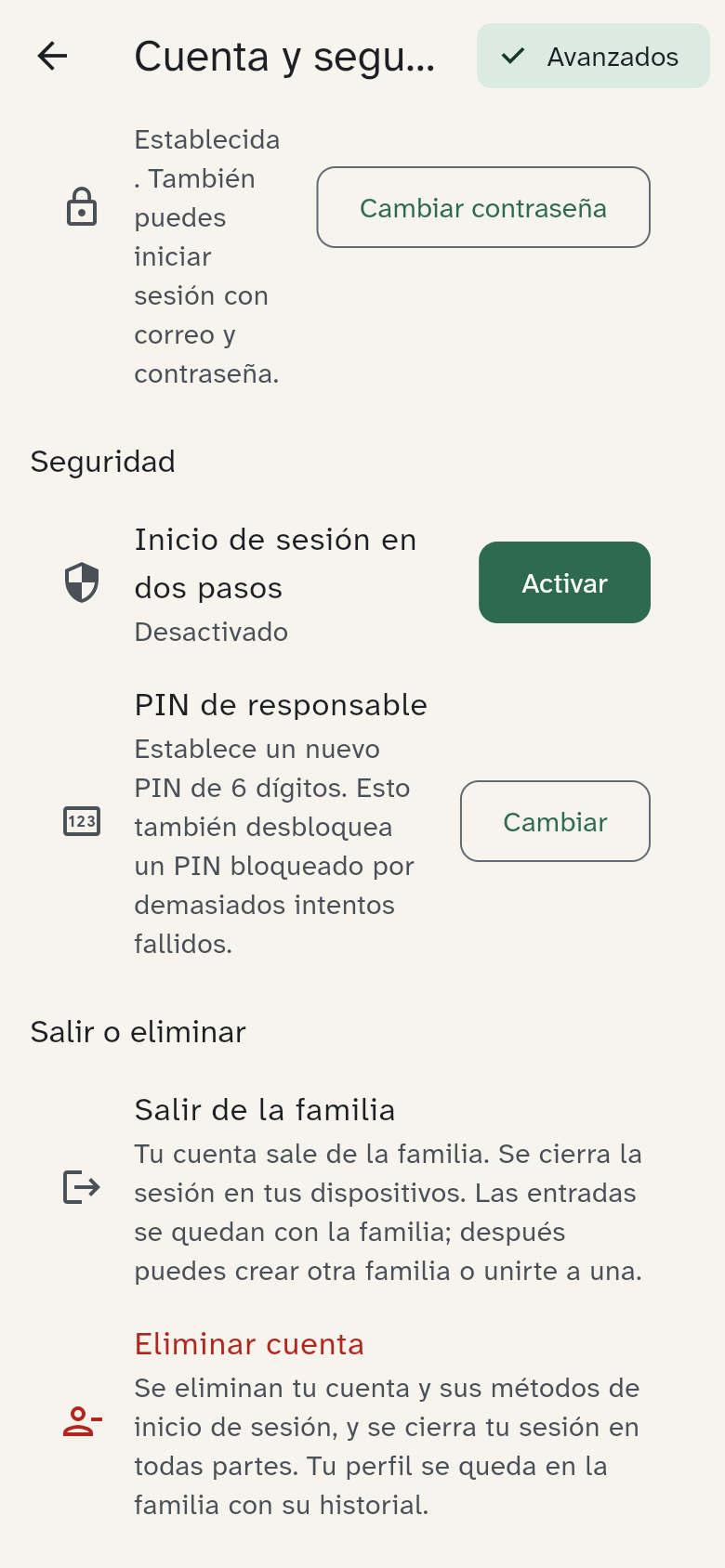 Los ajustes de inicio de sesión y contraseña