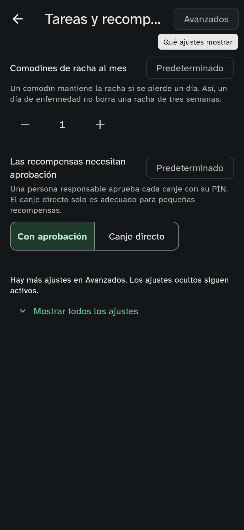 El grupo Tareas y recompensas con sus ajustes