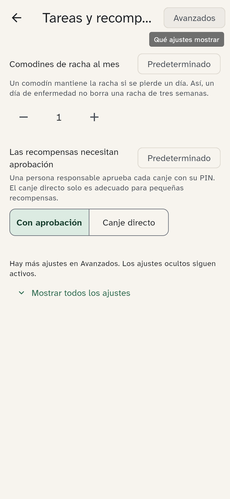 El grupo Tareas y recompensas con sus ajustes