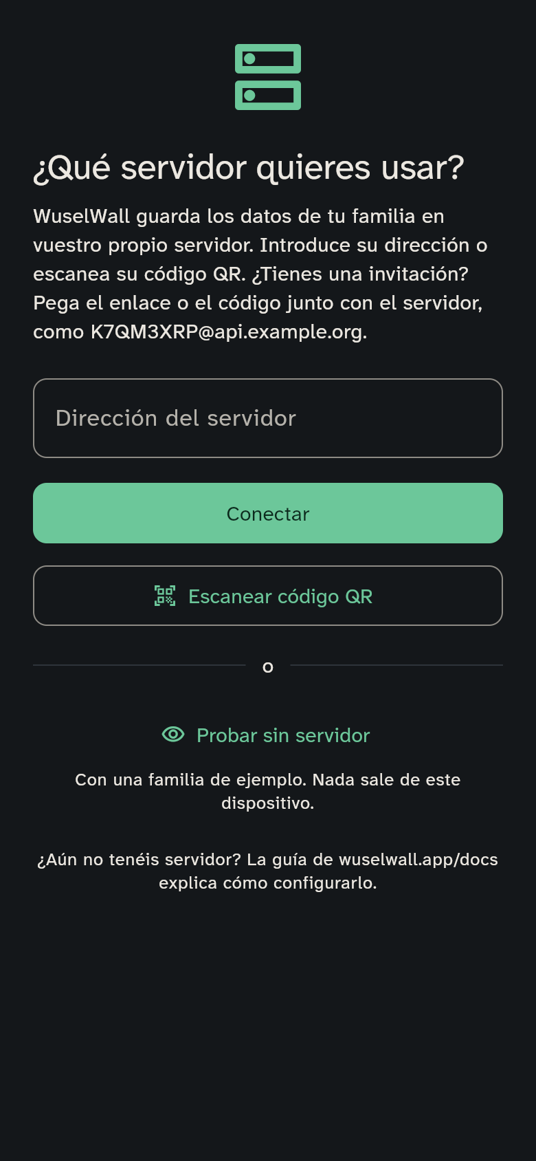 La elección de servidor en la app