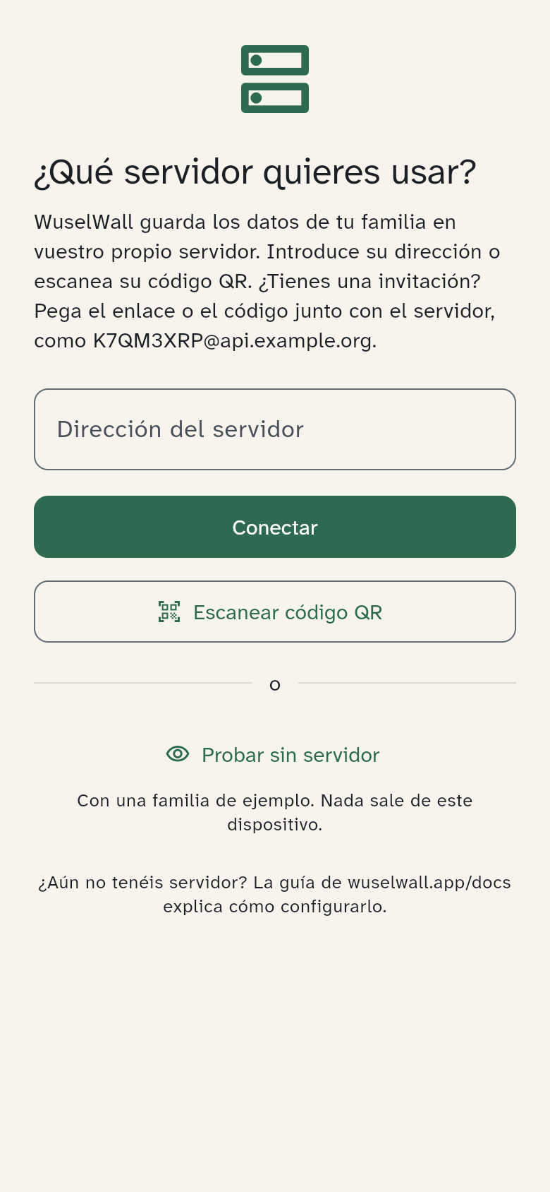 La elección de servidor en la app