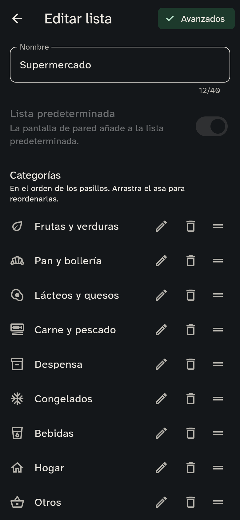 Editar lista: nombre, lista predeterminada y categorías