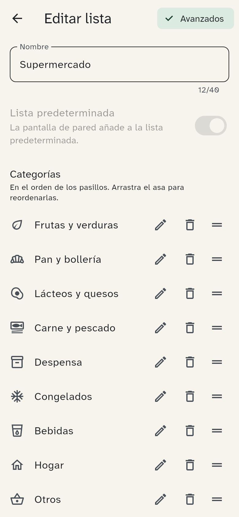 Editar lista: nombre, lista predeterminada y categorías