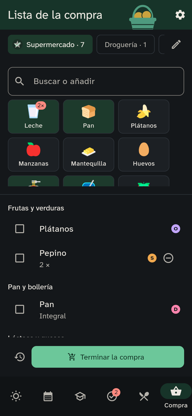 Las tarjetas y la lista de productos por secciones