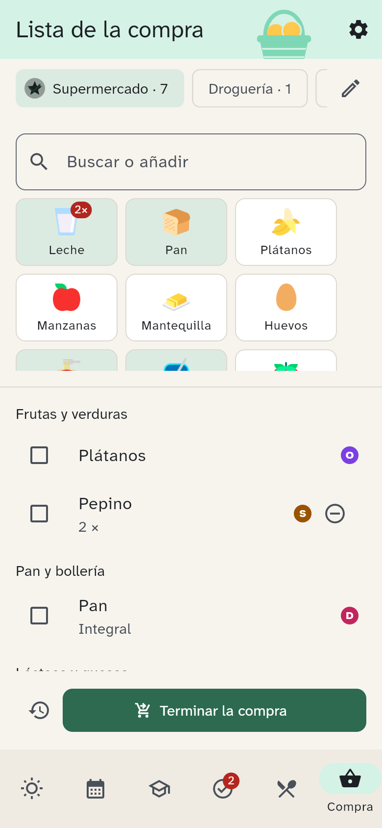 Las tarjetas y la lista de productos por secciones