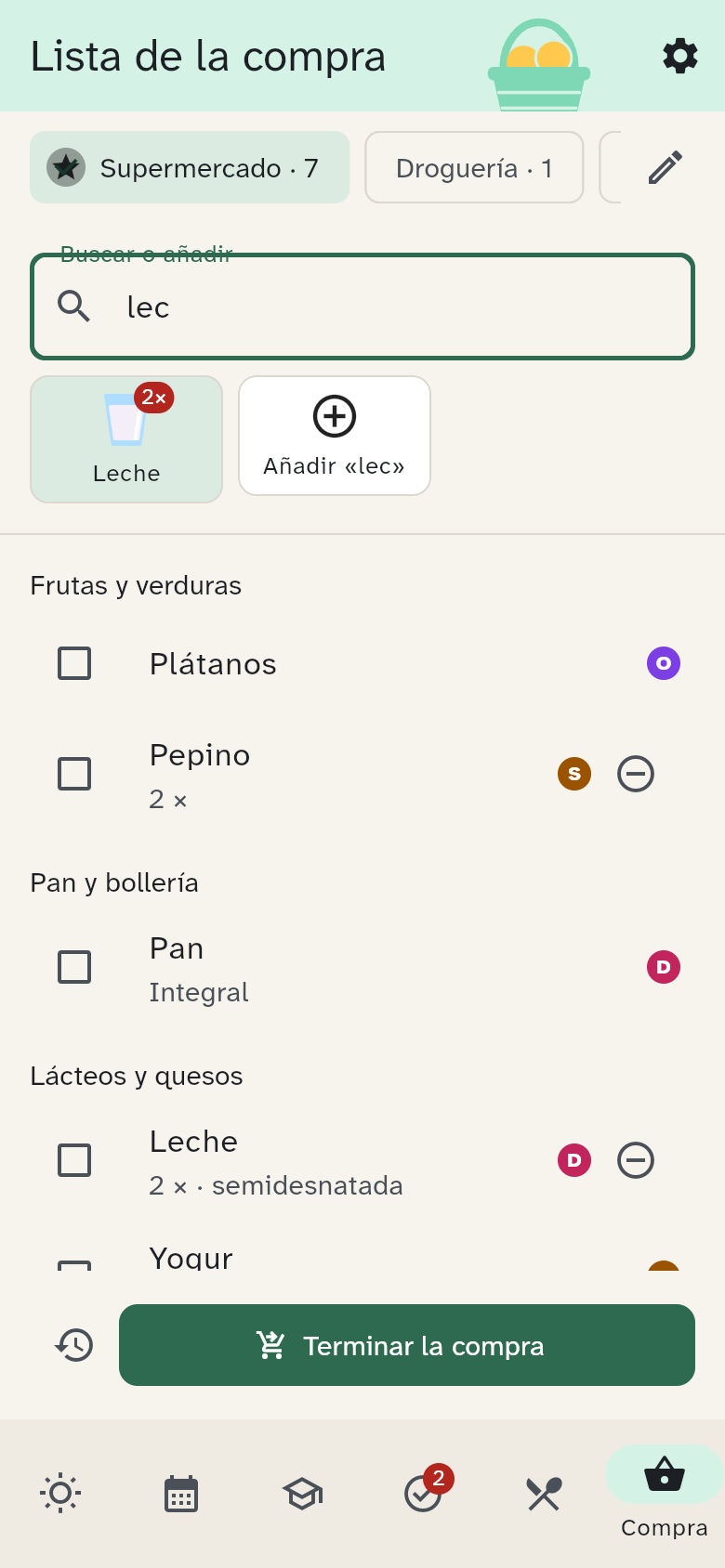La búsqueda de leche con los productos correspondientes