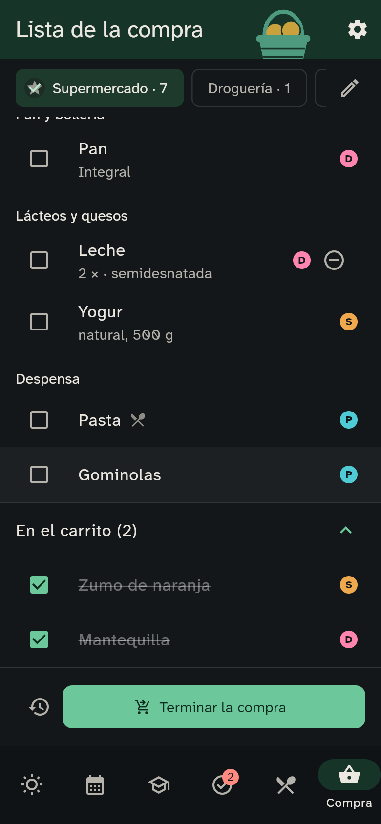 La sección En el carrito desplegada