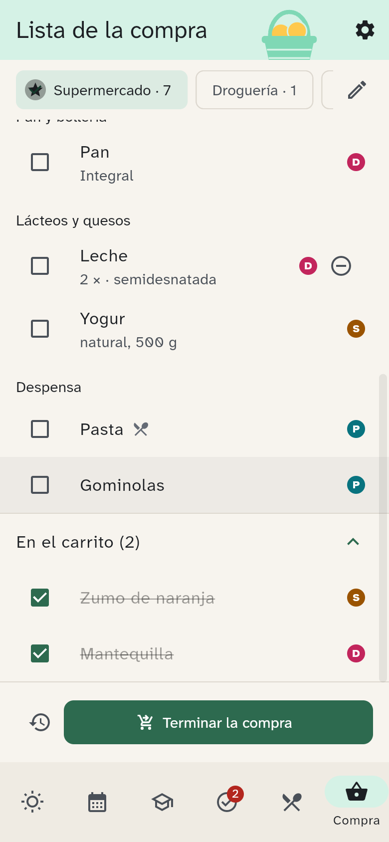 La sección En el carrito desplegada