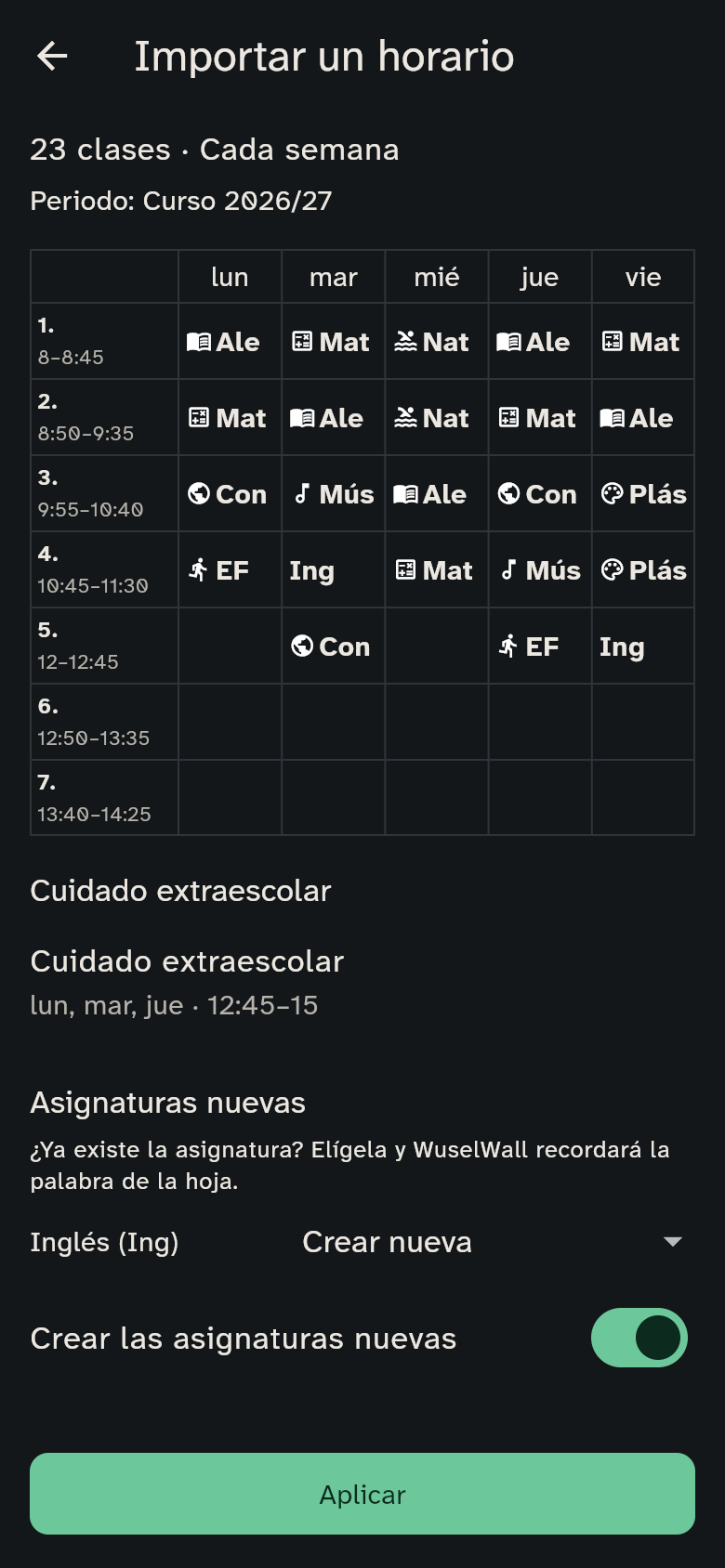 Asignaturas nuevas en la vista previa: CM se toma como el Conocimiento del medio existente, Inglés se crea nueva