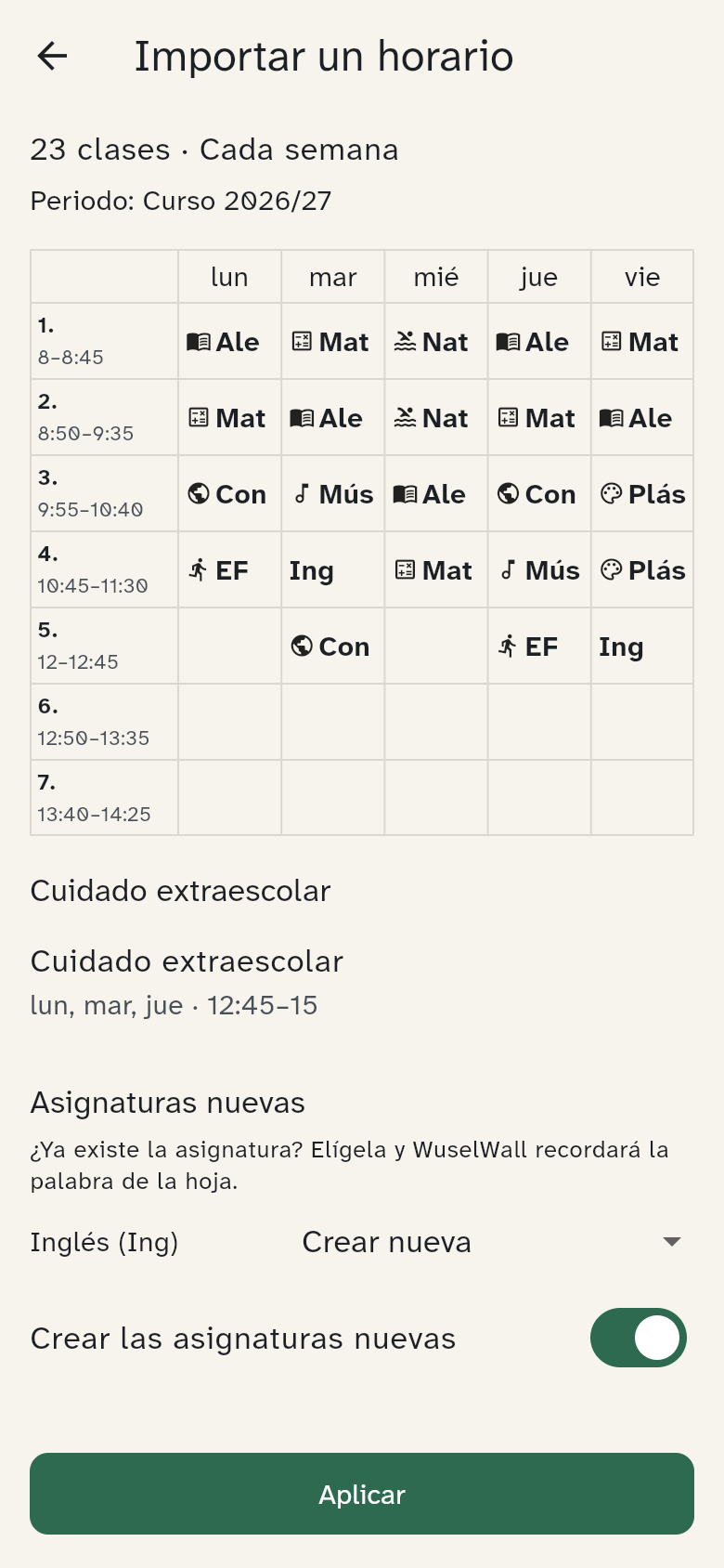 Asignaturas nuevas en la vista previa: CM se toma como el Conocimiento del medio existente, Inglés se crea nueva