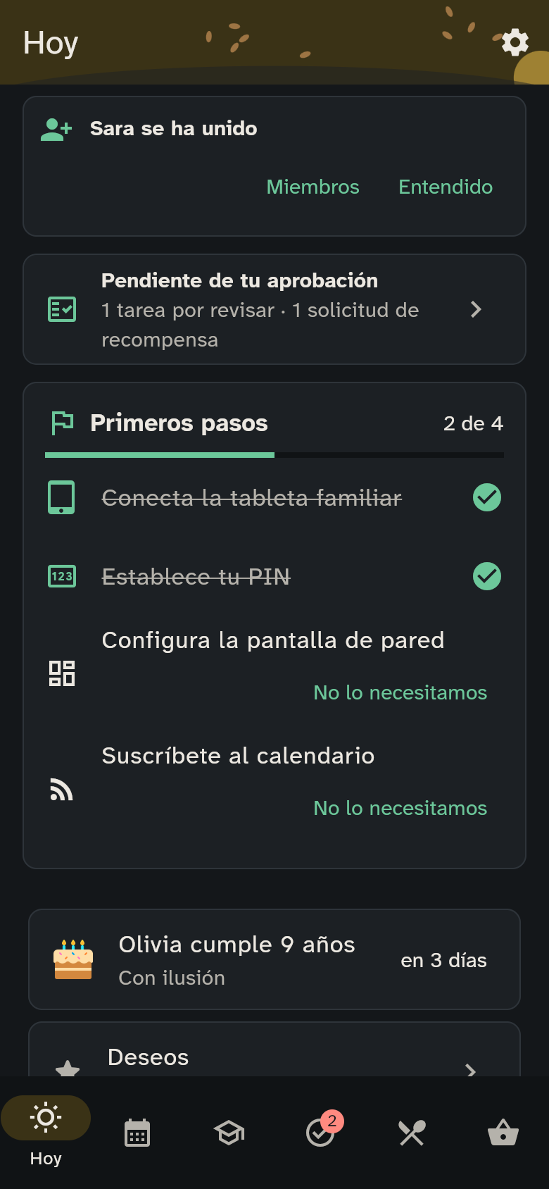 La pestaña Hoy con los primeros pasos, las citas y la comida caliente