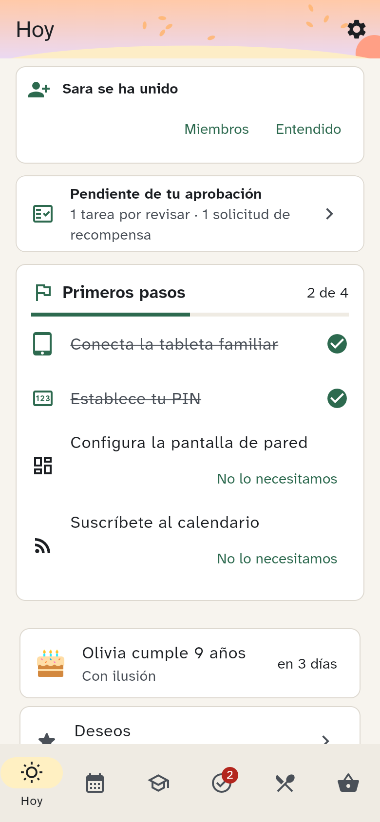 La pestaña Hoy con los primeros pasos, las citas y la comida caliente