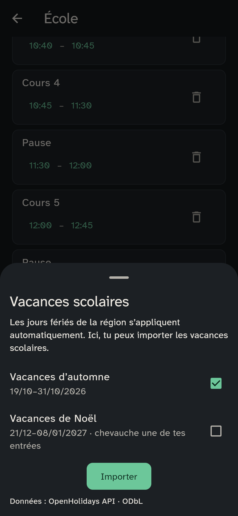 L’aperçu des vacances à importer et des périodes déjà importées