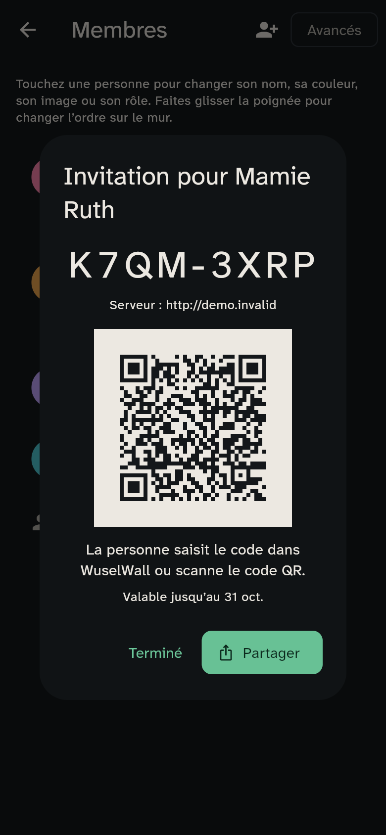 L’invitation de Mamie Ruth, son code QR et le partage