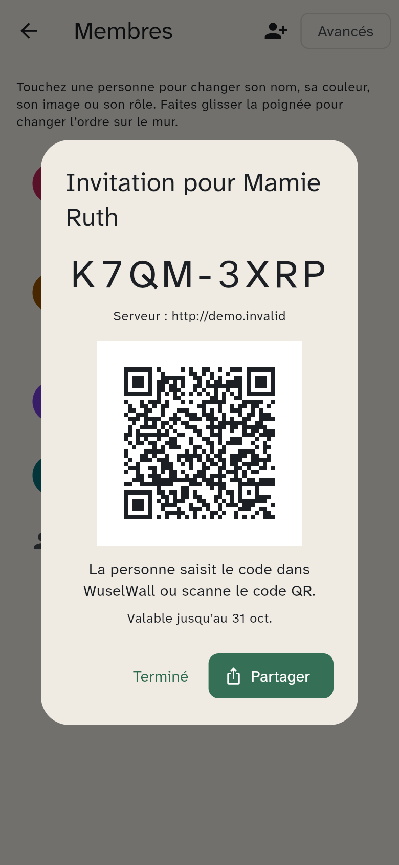 L’invitation de Mamie Ruth, son code QR et le partage