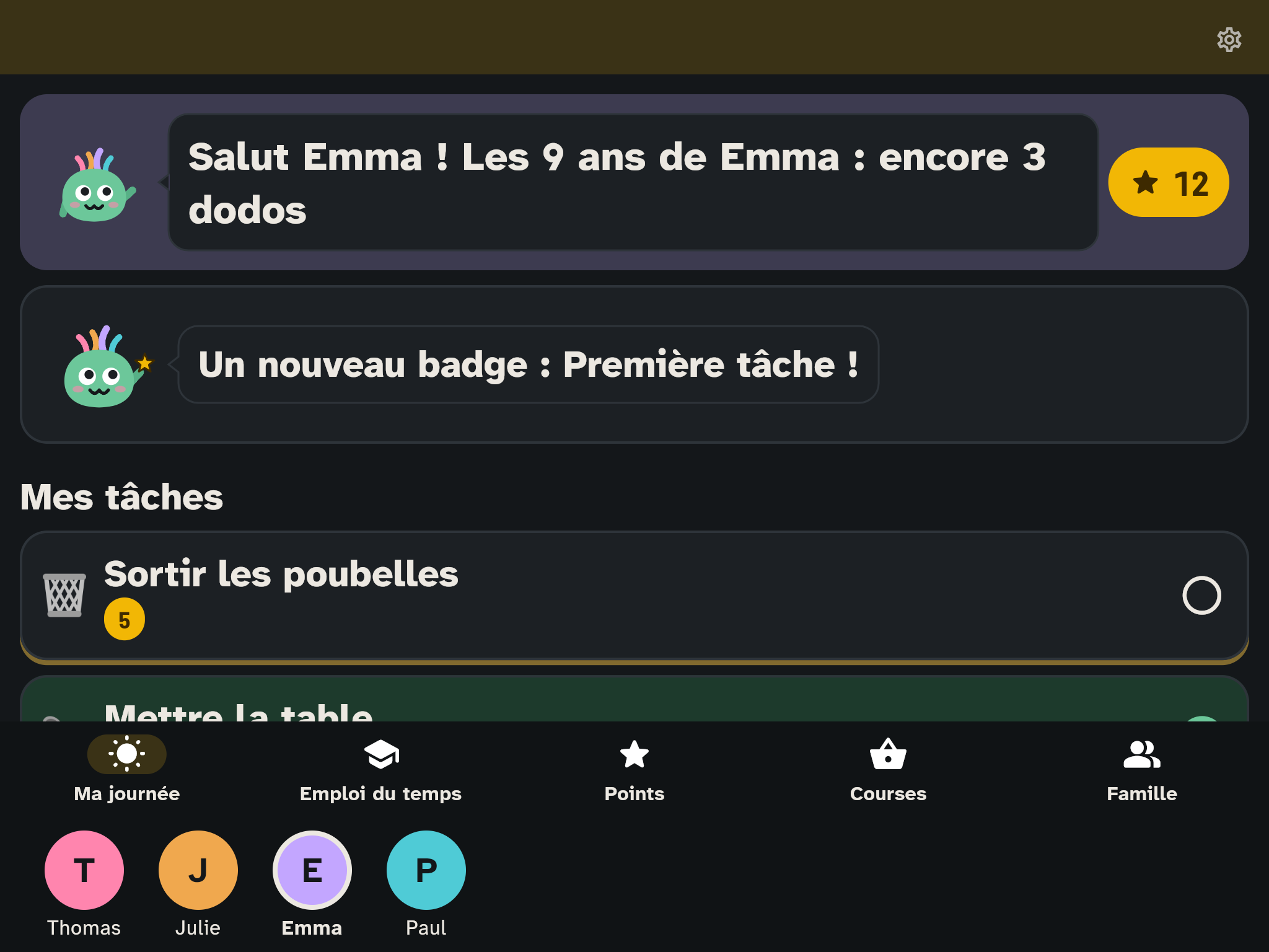 Ma journée sur la tablette des enfants : Wusel salue Emma, ses tâches en dessous