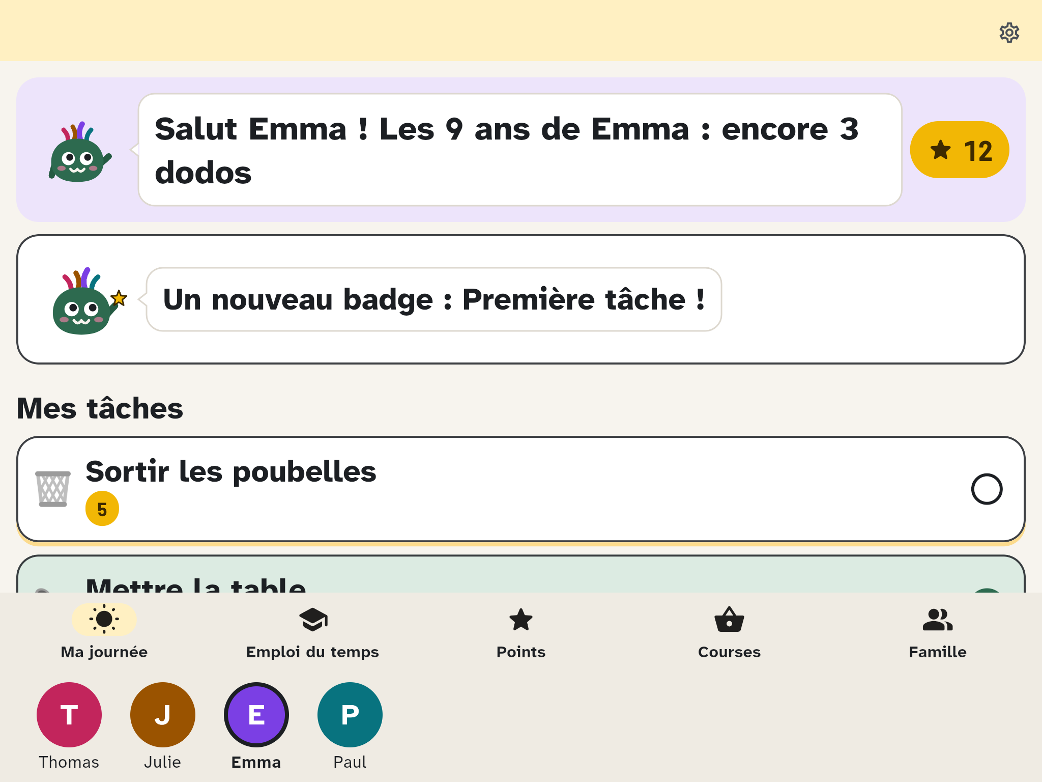 Ma journée sur la tablette des enfants : Wusel salue Emma, ses tâches en dessous