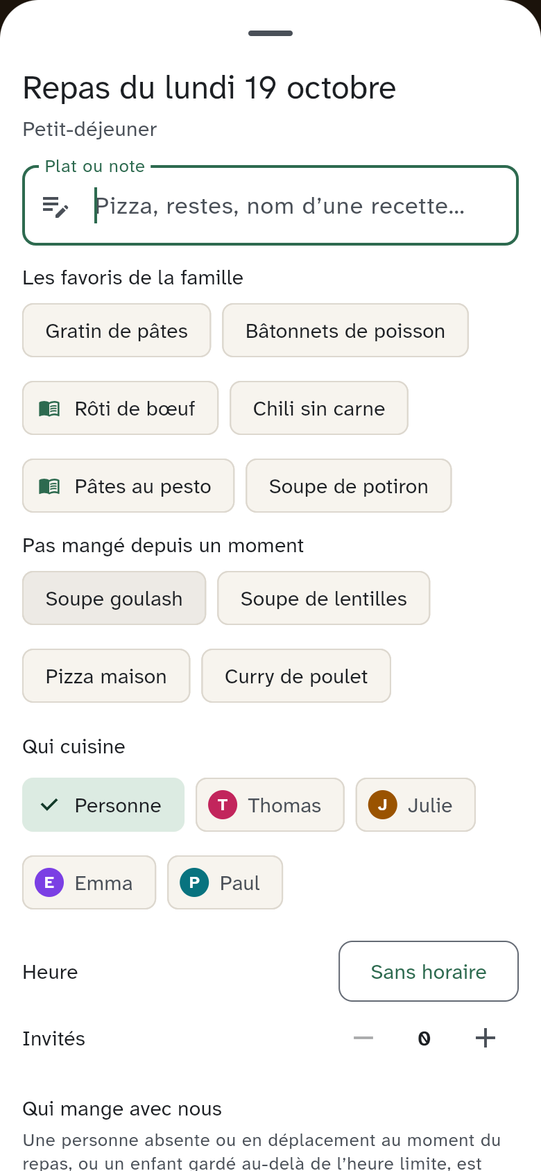 Les suggestions de favoris familiaux et de plats oubliés
