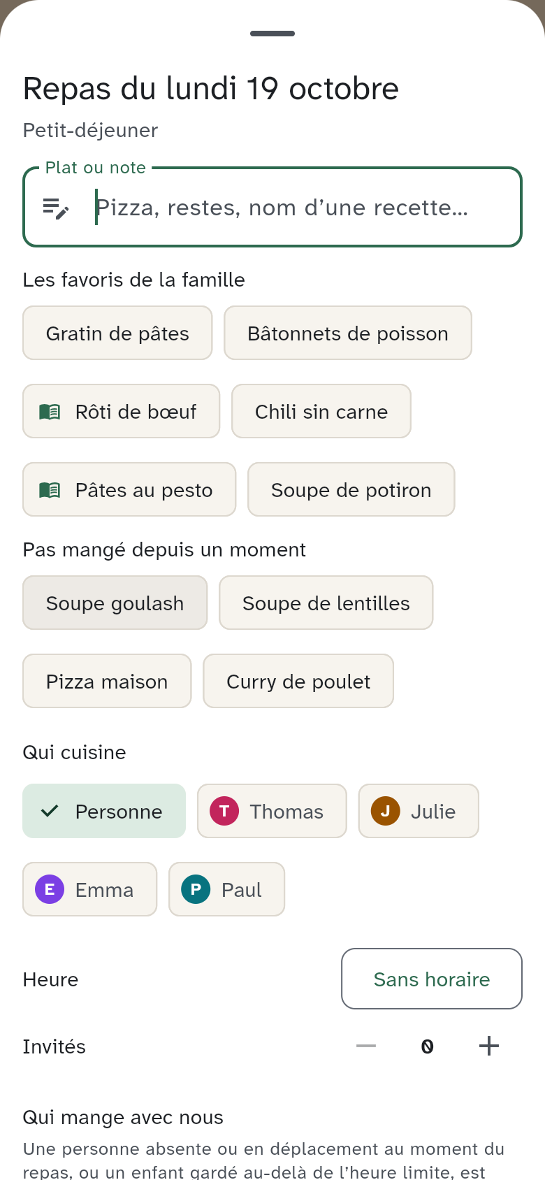 Les suggestions de favoris familiaux et de plats oubliés