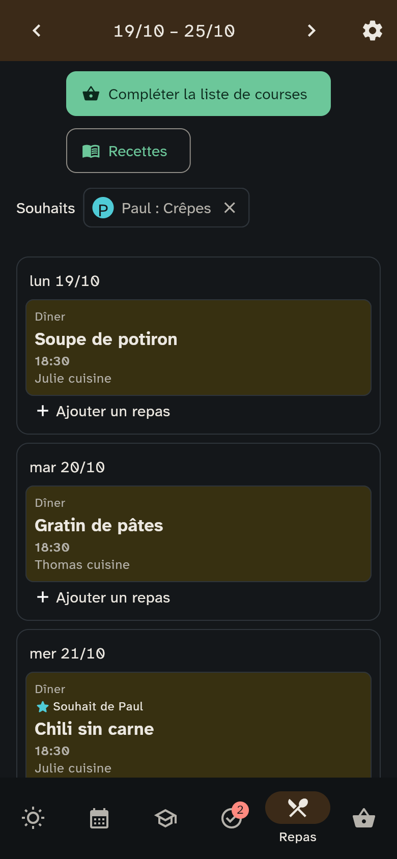 Les menus sur téléphone avec le souhait Paul : Crêpes au-dessus de la semaine