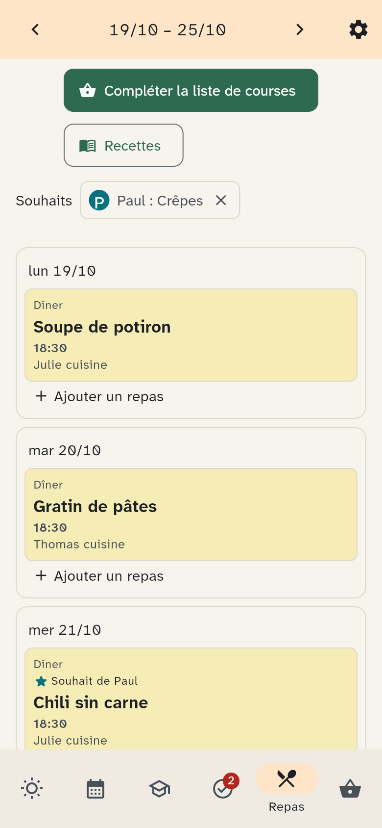 Les menus sur téléphone avec le souhait Paul : Crêpes au-dessus de la semaine