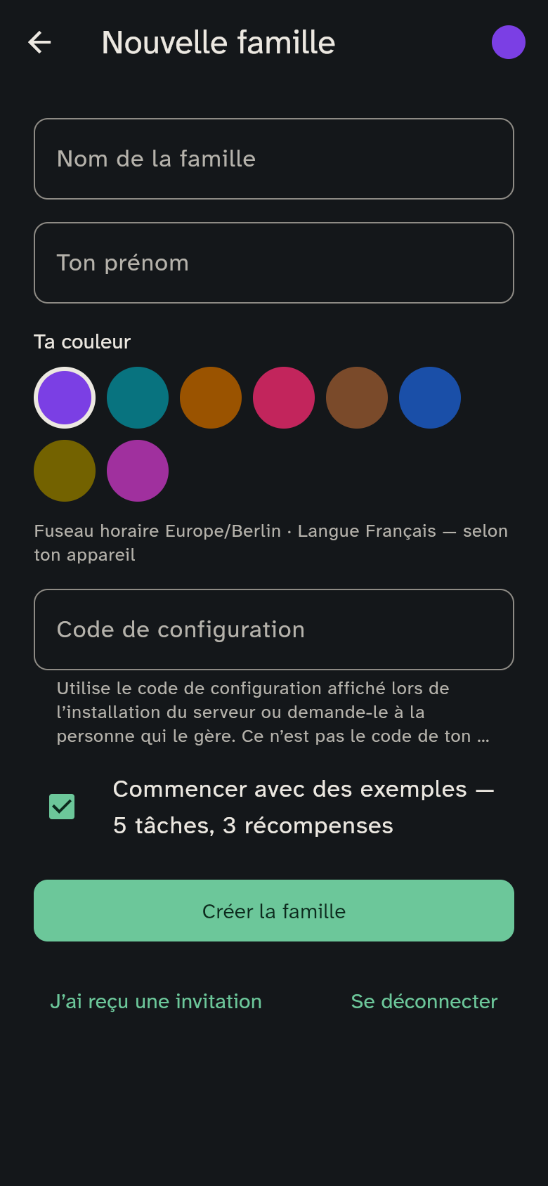 Le formulaire de création d’une famille