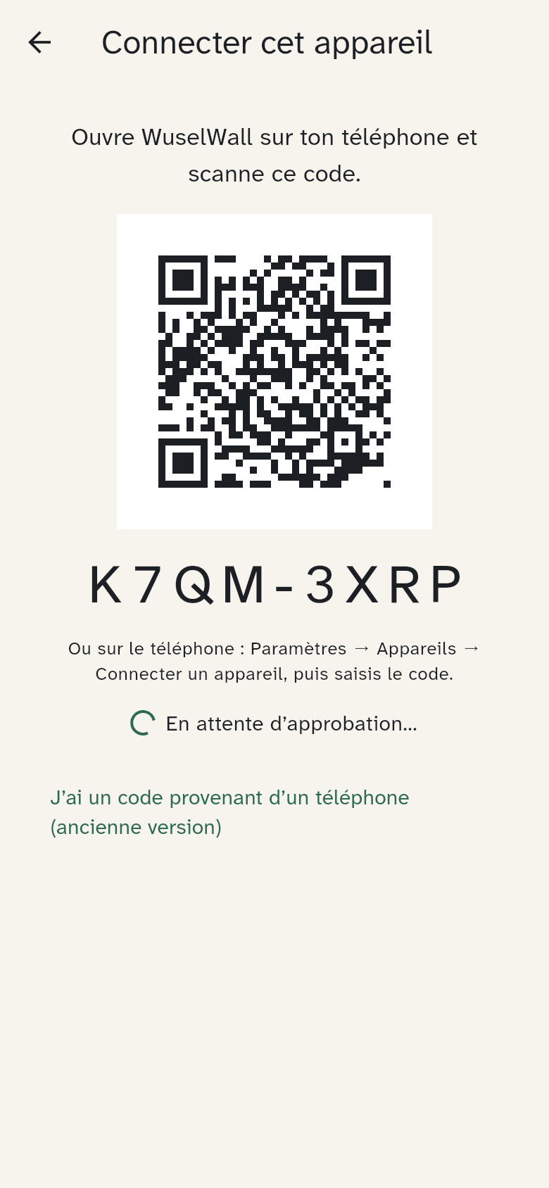 Le code QR et le code du nouvel appareil