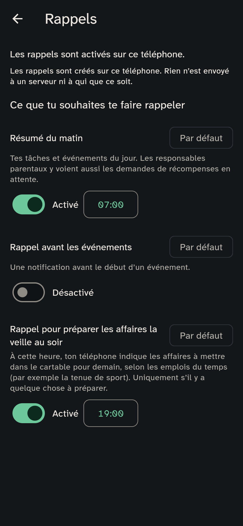 Les réglages des rappels