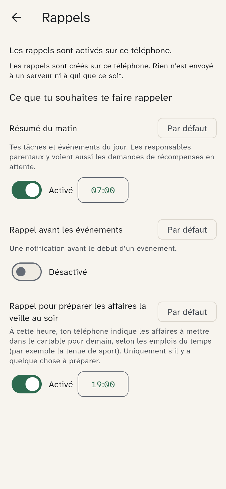 Les réglages des rappels