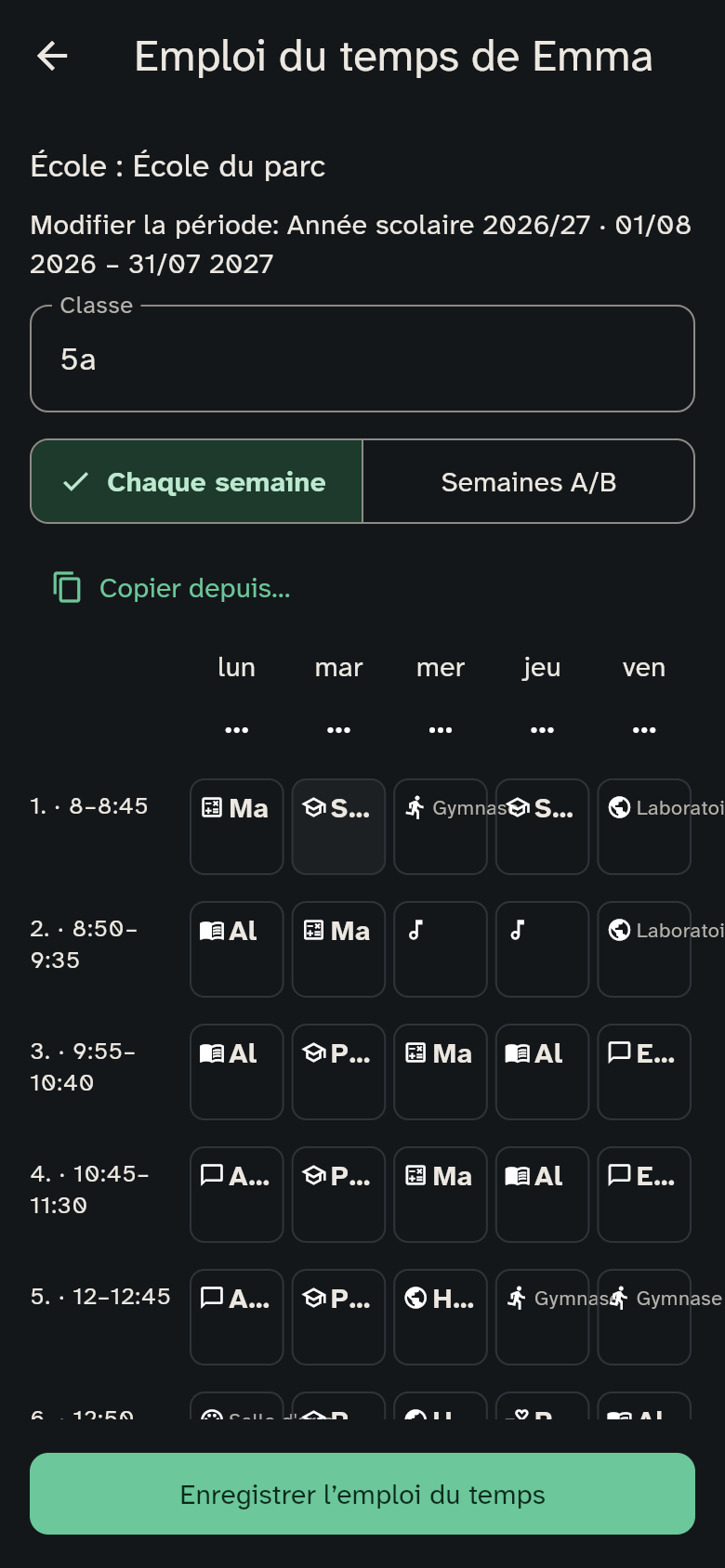 L’éditeur avec l’école, la période et le bouton d’enregistrement visible