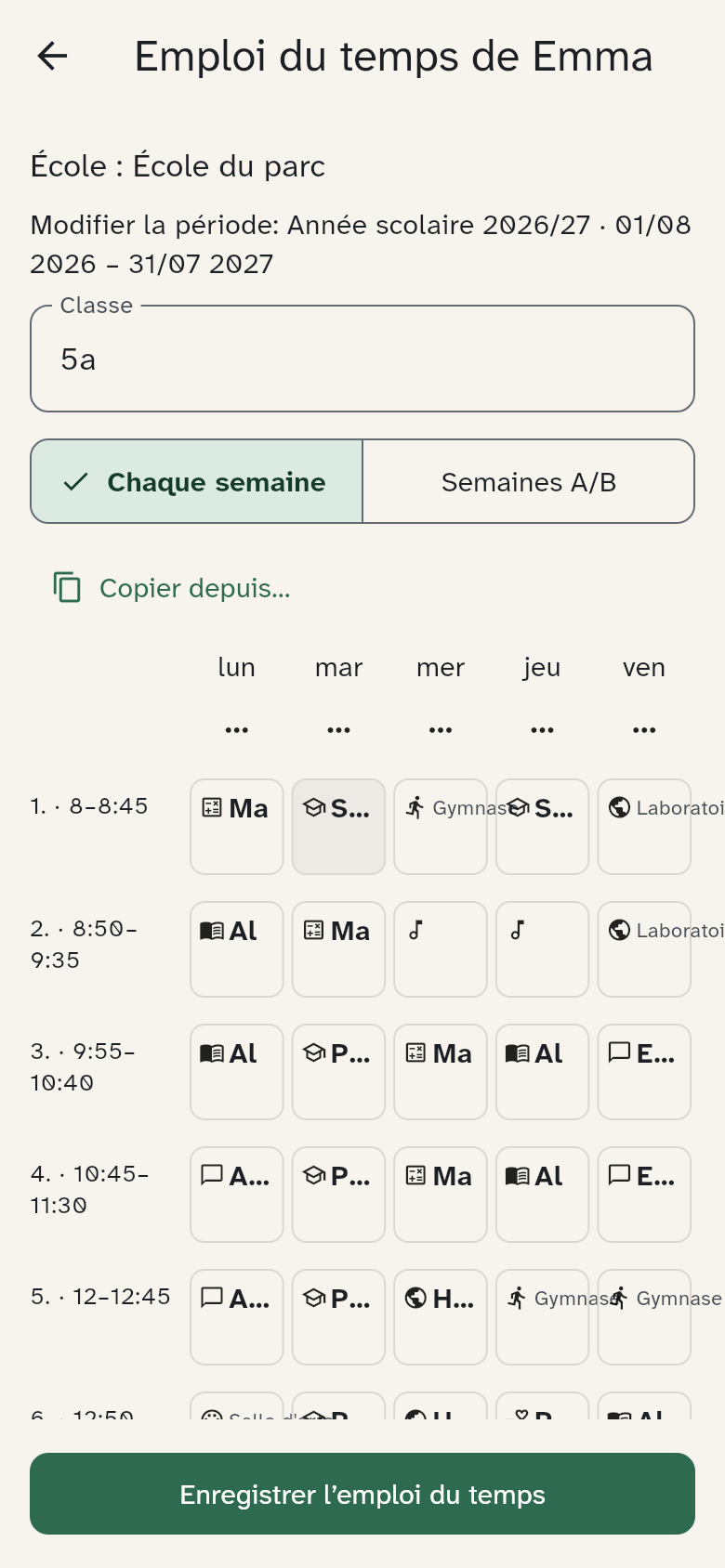 L’éditeur avec l’école, la période et le bouton d’enregistrement visible
